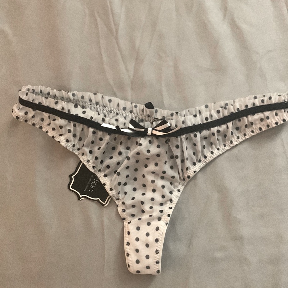 Sexy sheer thong panties - white with black polka dots & trim - multiple sizes